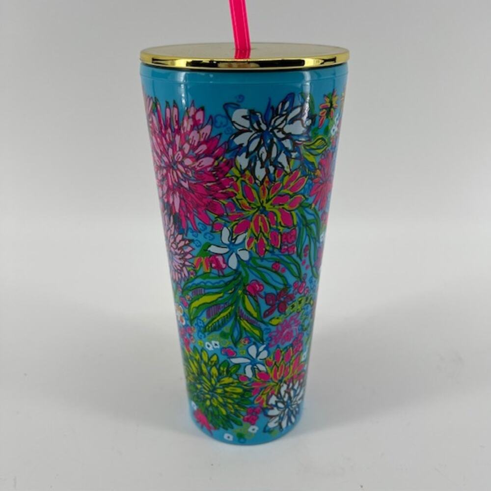 Lilly Pulitzer Blue Floral Acrylic Tumbler Gold Metal Twist Off Lid 24oz. Preppy
